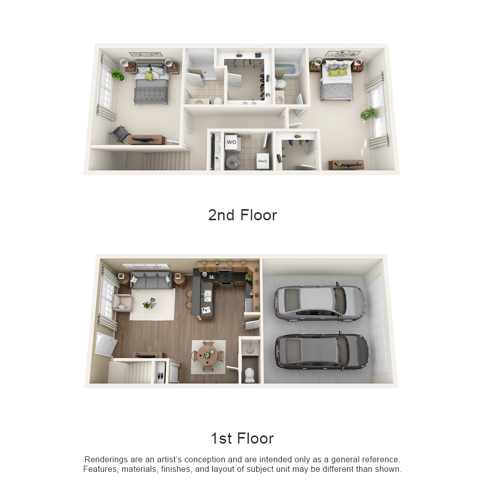 2 Bedroom 2.5 Bath Townhome 3D Floor plan rendering