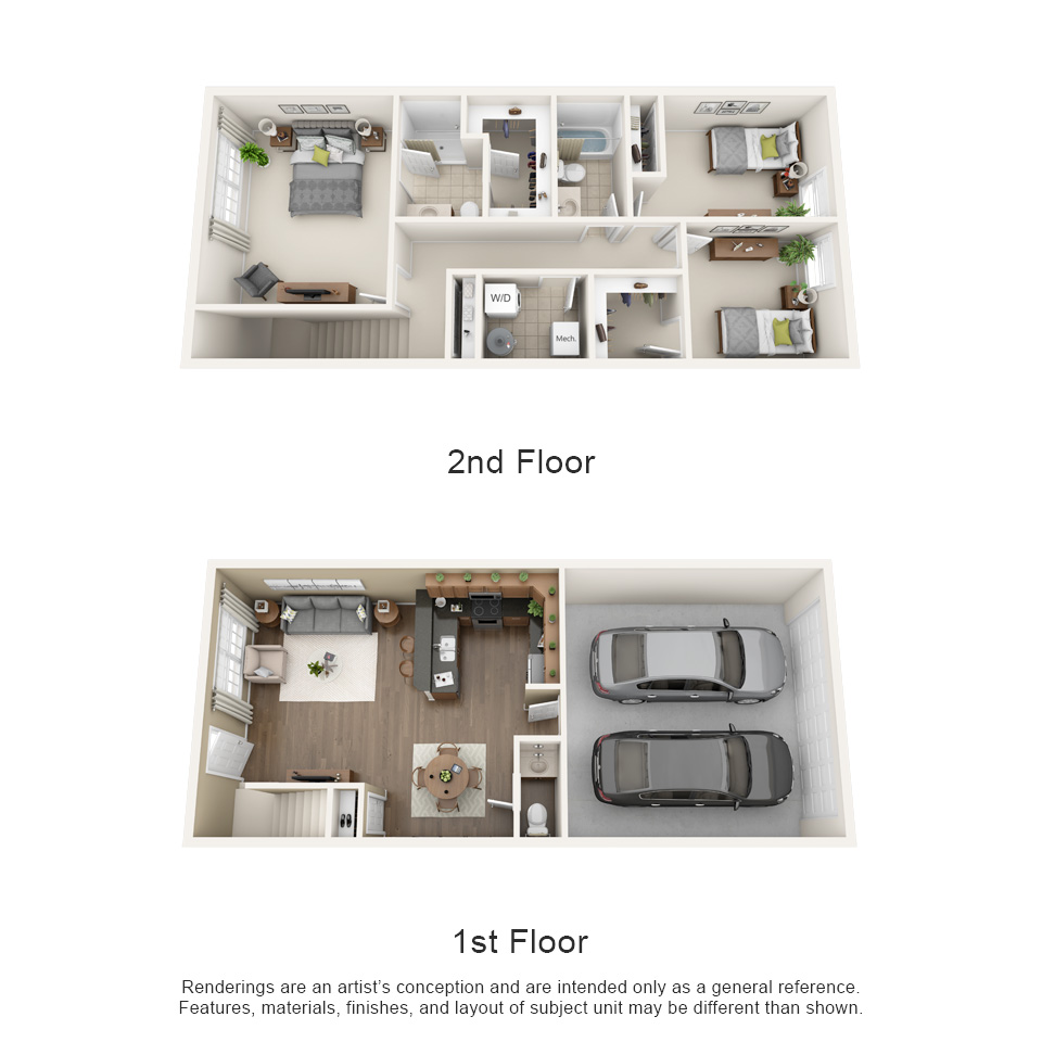 3 Bedroom 2.5 Bath Townhome 3D Floor plan rendering