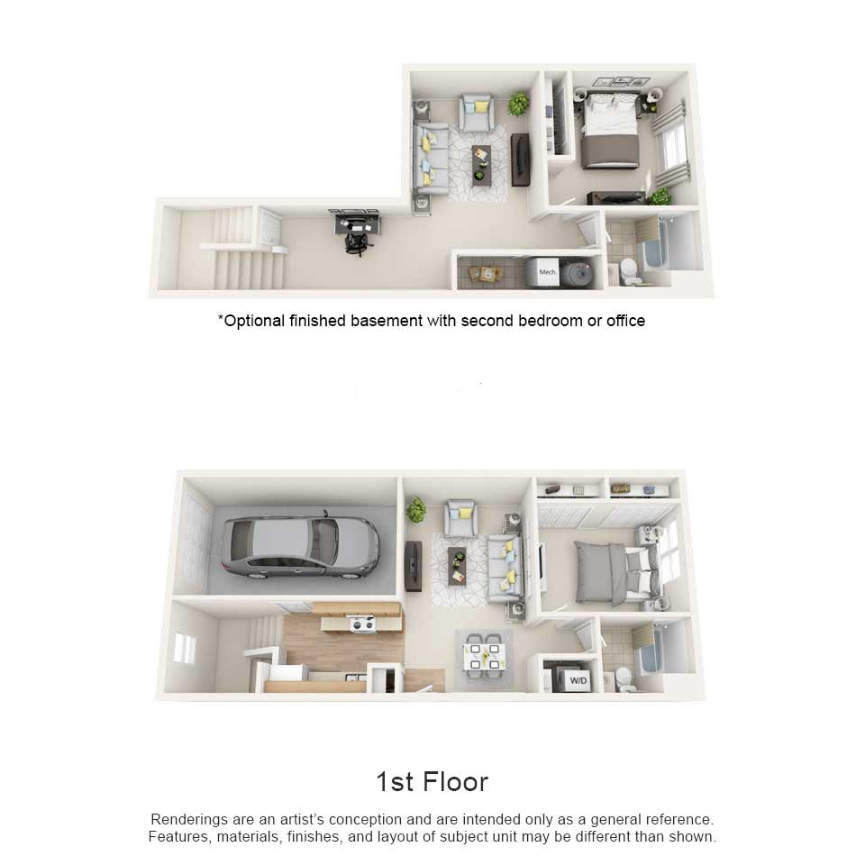 1 Bedroom 1 Bath Townhome 3D Floor plan rendering
